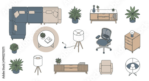 isometric set of modern home furniture lamps and indoor plants perfect for contemporary interior design concepts