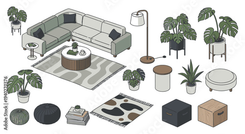 isometric vector collection of modern living room furniture and decor ideal for cozy minimalist home styling and interior design.