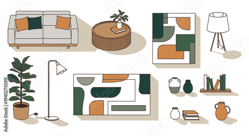 modern interior decor elements flat lay showcasing minimalist furniture abstract art and plants with warm earth tones.