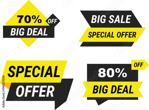 Modern big sale and special offer discount label set in yellow and black colors. promotional banner collection for marketing, shopping campaigns, retail advertising, and ecommerce sales.