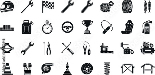 Set of Racing and Automotive Icons: Symbols for Speed, Competition, and Car Parts