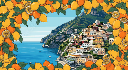vibrant italian coastal town framed by fresh lemons and oranges overlooking the clear mediterranean sea ideal for travel and summer themes.