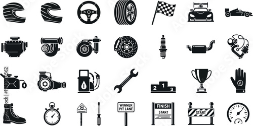 Automotive and Racing Equipment Icons: Collection of Symbols for Motorsport Enthusiasts
