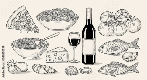 vintage italian food collection illustrating classic mediterranean cuisine ingredients like pasta wine seafood and cheese.