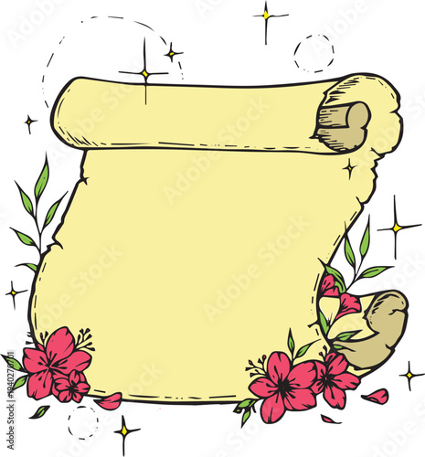 aestethic blank old scroll of papper with flowers isolated on white
