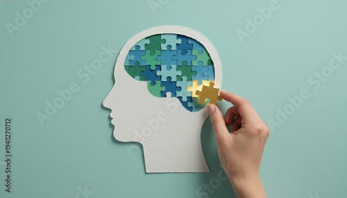 Wallpaper Mural Mental health, Puzzle, Solution, Brain, Logic, Psychology, Human hand placing a final piece into a head silhouette for cognitive therapy, mental wellness, and problem solving. Torontodigital.ca