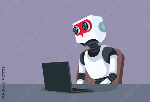Robot Working Desk Job at a Laptop Vector Illustration. Machine operating portable computer while seated at professional station in office environment 