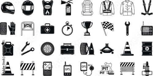 Collection of Automotive Racing and Pit Stop Icons and Symbols - Black and White