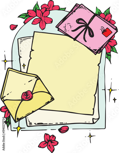 Parchment old papper sheet with envelope and flowers vector illustration isolated on white