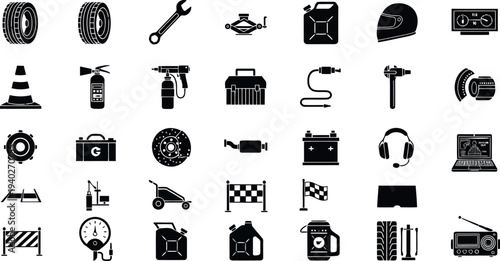 Automotive, Repair, and Racing Icons - Wrench, Tire, and Fuel Can Set - Black and White