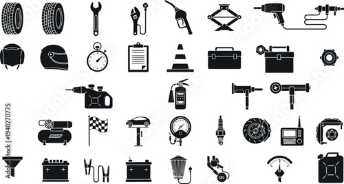 Automotive Service and Racing Icons: Tools, Car Parts, and Safety Gear - Black and White