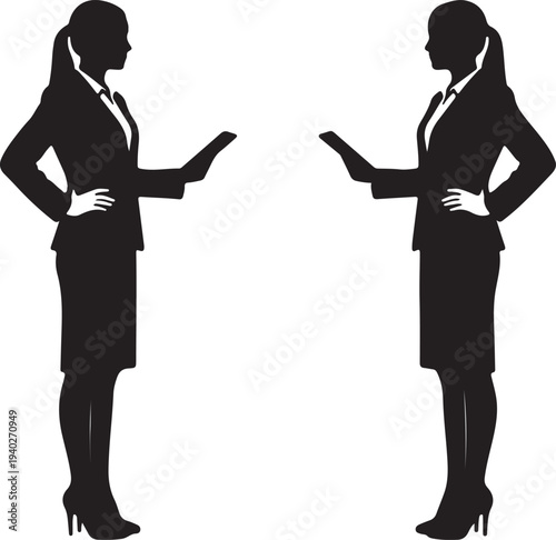 Two businesswomen in silhouette discussing a topic