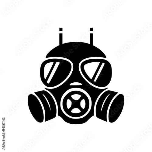 Minimal monochrome gas mask icon isolated on white background representing protection from chemical hazards, toxic environments and military defense situations.