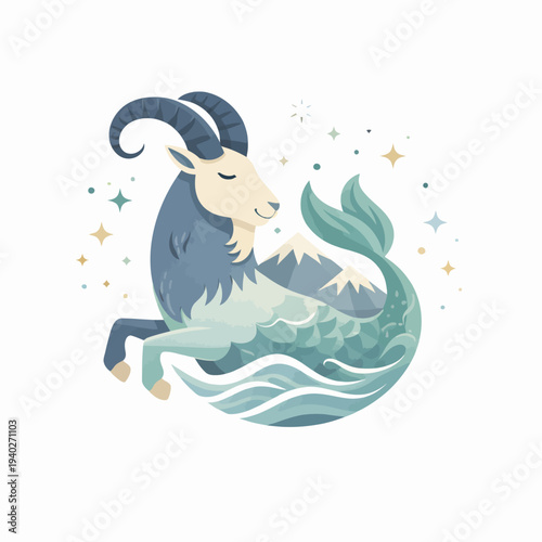 Capricorn zodiac sign flat vector illustration featuring a mystical sea goat with curled horns, ocean waves, and mountain elements in cool celestial tones.