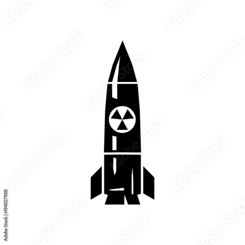 Minimal black silhouette icon of nuclear ballistic missile rocket isolated on white background representing strategic weapon technology and global military threat.