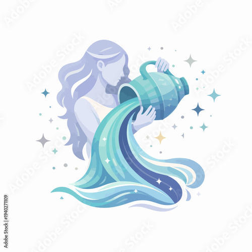 Aquarius zodiac sign flat vector illustration featuring a graceful water bearer pouring flowing waves from an urn in a celestial pastel setting