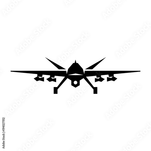 Minimal black silhouette of modern military combat drone with missiles isolated on white background. Unmanned aerial vehicle concept for drone warfare, surveillance technology, and modern military def