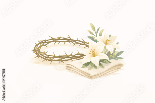 Christian Easter illustration featuring a crown of thorns, white lilies, and folded burial cloth on a clean background. Symbolic faith-based design ideal for Holy Week