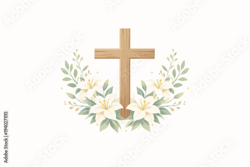 Christian Easter illustration featuring a wooden cross surrounded by white lilies and soft greenery on a clean background. Elegant faith-based design ideal for Easter
