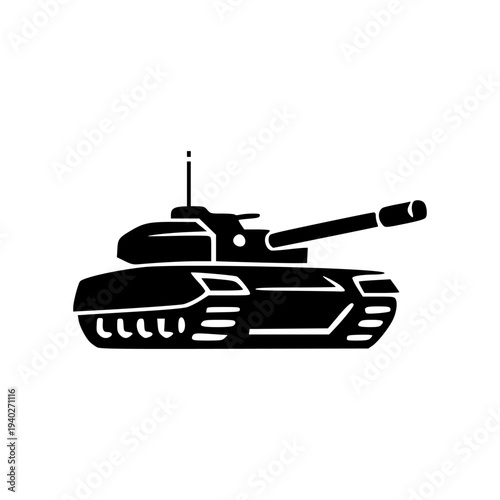 Simple monochrome silhouette of heavy military tank isolated on white background representing armored ground combat vehicle used in battlefield warfare.
