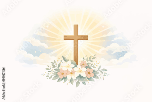 hristian Easter illustration featuring a wooden cross with radiant sunlight, soft clouds, and blooming spring flowers. Elegant faith-based design ideal for Easter