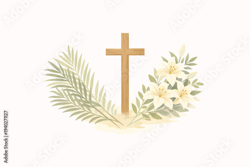 Christian Easter illustration featuring a wooden cross with white lilies and palm leaves on a clean soft background