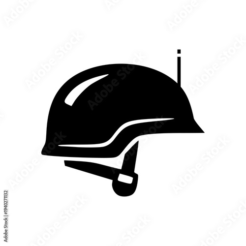 Minimal black silhouette of military combat helmet isolated on white background representing soldier protection equipment used in battlefield operations.