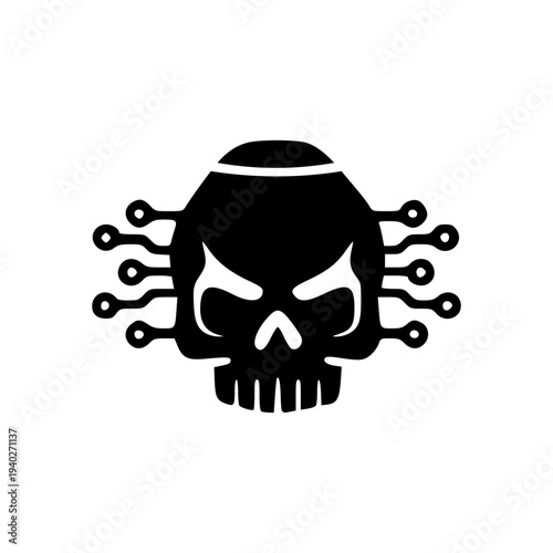 Digital skull icon with circuit elements representing cyber warfare, hacking threats, cybersecurity attacks and digital conflict in modern technology systems.