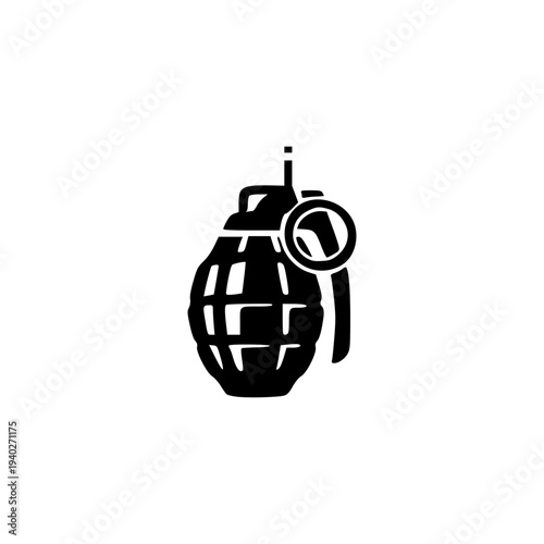 Minimal monochrome hand grenade icon isolated on white background representing explosive weapon used in military combat situations.