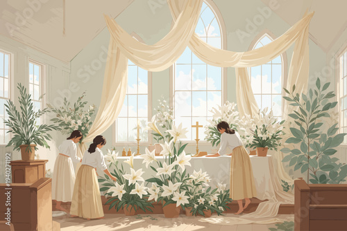 Christian Easter church interior illustration featuring women decorating the altar with white lilies, draped fabric, and soft natural light.