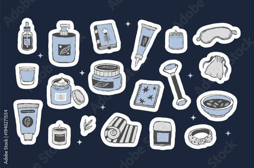 Self Care, Wellness Sticker Set. Spa Accessories, Cosmetics, Yoga Mat, Sleep Mask and Skincare, Organic Cosmetics, Aroma Oil and Book Diary. Isolated Vector Blue Indigo hand-drawn Doodle Pack.