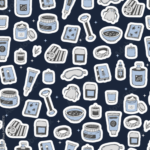 Self Care, Wellness Sticker Seamless Pattern. Yoga Mat, Cosmetics, Book, Spa Accessories and Night Cozy Doodles on dark Background. Blue Indigo Hand Drawing. Vector illustration