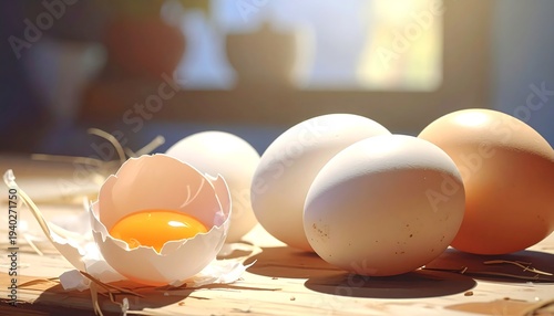 Fresh Eggs on Wooden Surface with Cracked Egg.