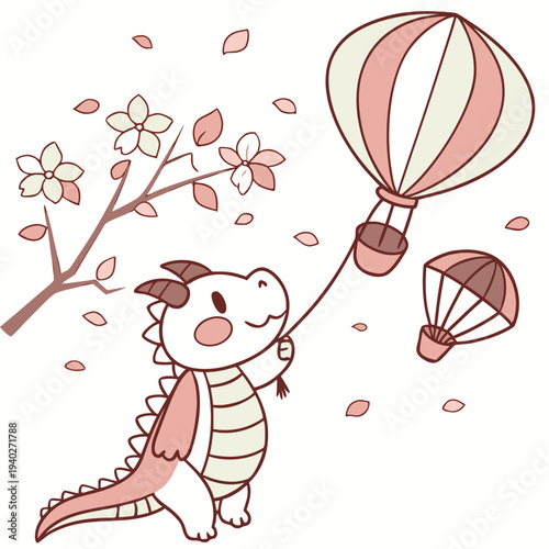 Cute Funny Dragon, accessorized with with a balloon, in a Cherry Blossom Festival world – Sakura Breeze palette vector