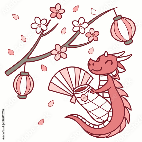 Cute Content Dragon, accessorized with snuggled in a sock, in a Cherry Blossom Festival world – Sakura Breeze palette vector