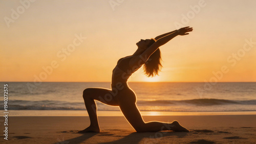 Silhouette of a woman kneeling on a beach in a slow stretching yoga pose, her curves outlined by low golden light with soft highlights, creating a sensual yet tasteful minimal scene.