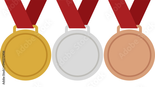 An illustration set of blank gold, silver, and bronze medals with red ribbons lined up together.