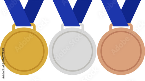 An illustration set of blank gold, silver, and bronze medals with blue ribbons lined up together.