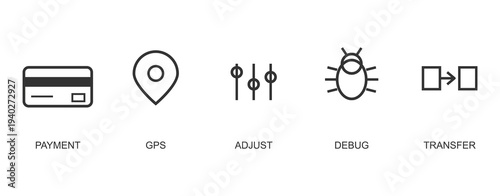 Collection of various icons including payment location restaurant bug and link symbols