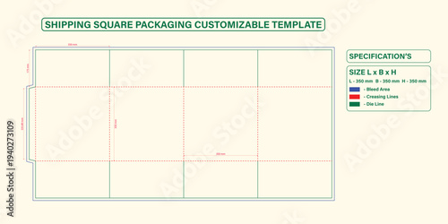 Square Shipping Box Packaging Dieline Template with Technical Specifications.eps