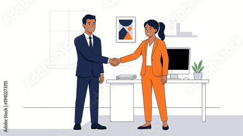 Business professionals shaking hands in modern office, celebrating successful deal