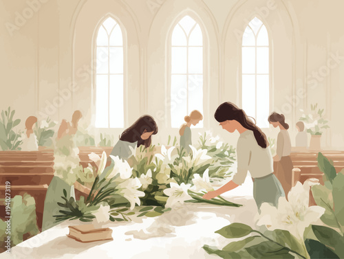 Women arranging white lilies and draped cloth inside a sunlit church sanctuary for Easter Sunday, surrounded by soft floral decor and serene spring light