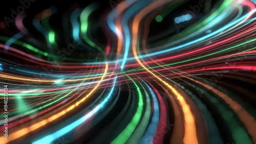 Lines of bright colors weave through a dark background creating a flowing pattern of light. This display represents digital art in motion during a virtual exhibition event.