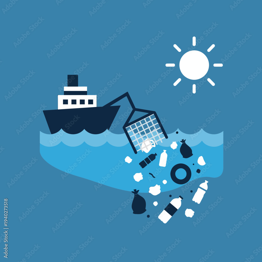Obraz premium Illustration of a ship polluting the ocean with trash and plastic debris.