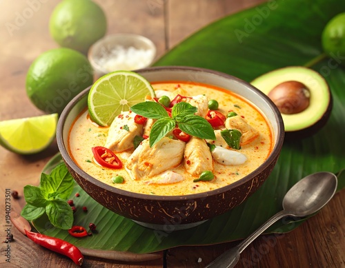 Delicious Thai Green Curry with Chicken and Fresh Vegetables.