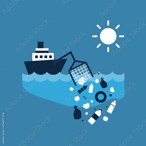 Illustration of a ship polluting the ocean with trash and plastic debris.