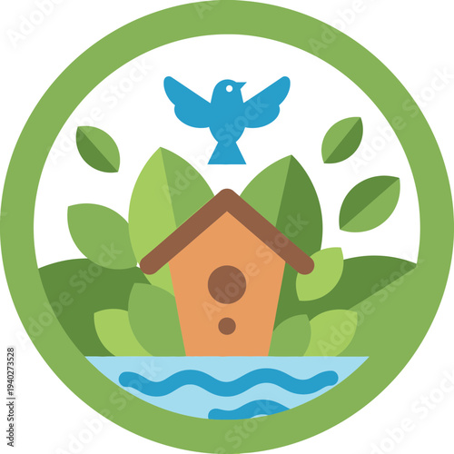 Illustration of a birdhouse surrounded by leaves and a blue bird above.