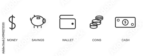 Financial icons set including money saving wallet coins and credit card symbols