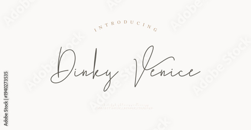 Dinky Venice, Luxury script alphabet letters font with tails. Typography elegant classic lettering serif fonts and number decorative vintage retro concept for logo branding. vector illustration
