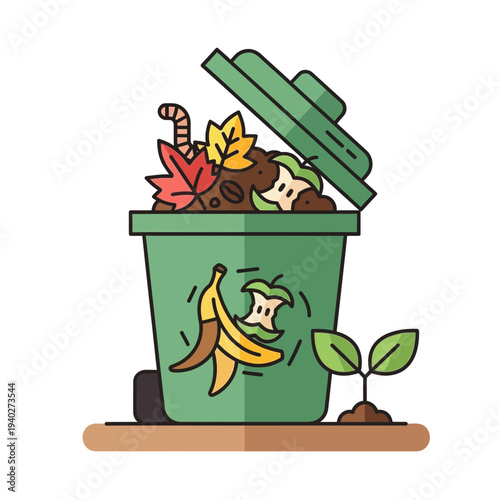 Open compost bin filled with organic waste and a small plant beside it.